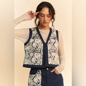Davi & Dani Lace Patch Open Front Denim Vest